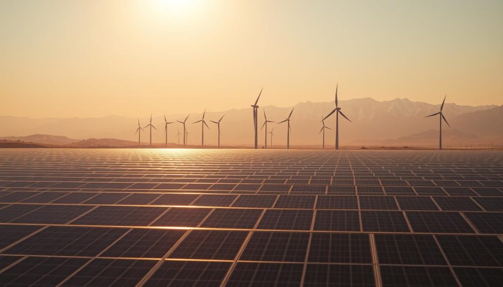 A breathtaking panoramic landscape depicting the future of decarbonized energy. In the foreground, a sprawling solar farm, with sleek, efficient panels gleaming in the warm sunlight. In the middle ground, towering wind turbines, their blades gracefully cutting through the air, harnessing the power of the elements. In the background, a stunning mountain range, its peaks capped with snow, symbolizing the natural harmony of renewable energy sources. The scene is bathed in a soft, golden glow, conveying a sense of optimism and possibility. The composition uses a wide-angle lens to capture the vastness of the landscape, with dramatic shadows and highlights adding depth and dimensionality. The overall mood is one of progress, innovation, and a sustainable future for our planet.