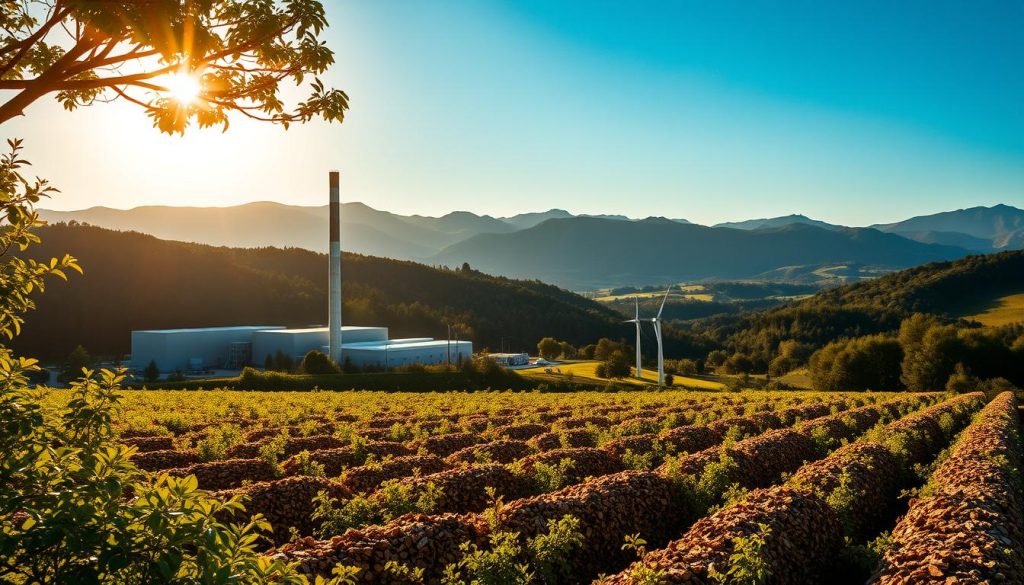 A lush, verdant landscape in Portugal, showcasing the power of biomass energy. In the foreground, a modern biomass power plant stands tall, its sleek design blending seamlessly with the rolling hills and dense forests that surround it. Sunlight filters through the canopy of trees, casting a warm, golden glow across the scene. In the middle ground, rows of densely packed biomass feedstock, such as wood chips and agricultural waste, await transport to the facility. The background features a panoramic view of the Portuguese countryside, with rugged mountains and a clear, azure sky. The overall atmosphere conveys a sense of sustainable energy production in harmony with the natural environment.