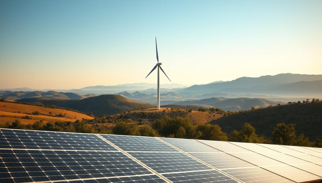 A serene landscape showcasing the benefits of clean energy. In the foreground, a tranquil solar farm, with sleek, gleaming panels reflecting the warm sunlight. The middle ground features a wind turbine, its graceful blades spinning gently, harnessing the power of the wind. In the background, rolling hills and a clear, azure sky, symbolizing the clean and renewable nature of decarbonized energy. The scene is bathed in a soft, diffused light, creating a calming and aspirational atmosphere. The image conveys the harmony between nature and sustainable energy solutions, highlighting the advantages of decarbonized power.
