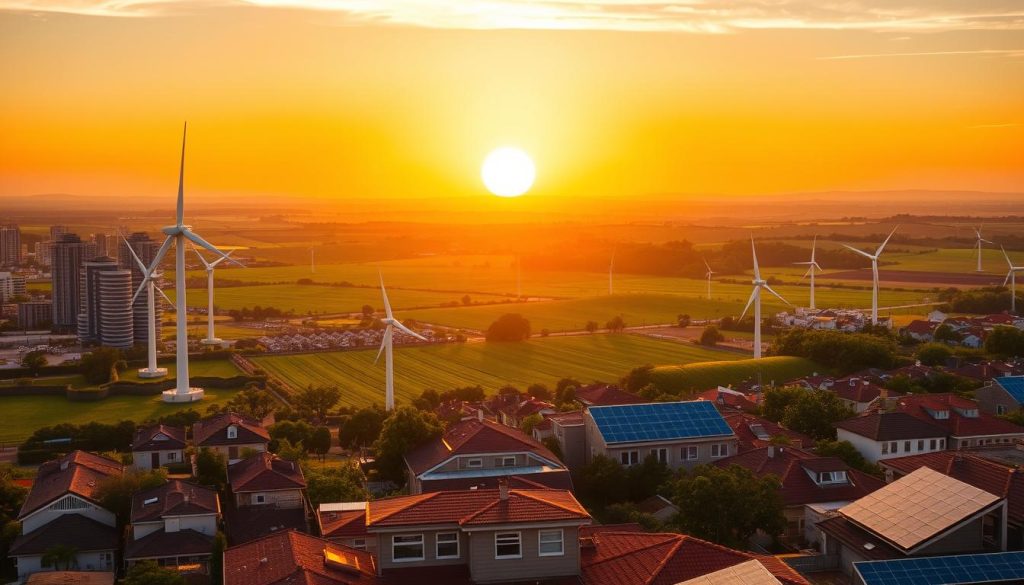Prompt A vibrant landscape depicting the growth of renewable energy and its economic impact. In the foreground, a bustling city skyline with towering wind turbines and solar panels adorning rooftops, symbolizing the transition to clean energy. In the middle ground, lush green fields and rolling hills, harnessing the power of nature. The background features a sun-drenched horizon, casting a warm, golden glow over the scene. The composition emphasizes the harmonious integration of renewable technologies into the urban and rural environments, reflecting the economic prosperity and job creation associated with the renewable energy sector. The image conveys a sense of optimism, progress, and sustainable development.