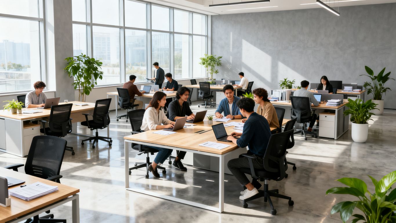 Bureau moderne avec espace de travail ouvert et lumineux.