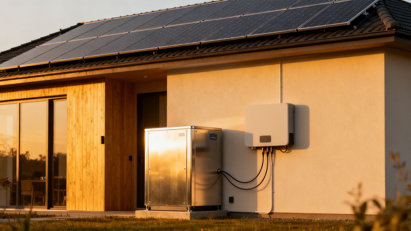 Panneaux solaires sur un toit de maison avec batterie.
