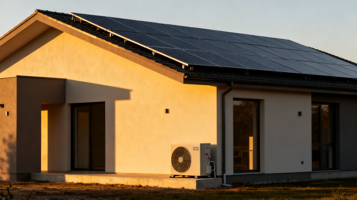 Maison avec pompe à chaleur et panneaux solaires.
